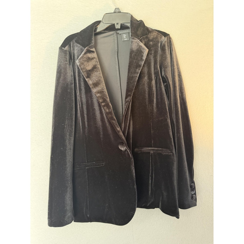 Tahari Blazer Womens M Black Velvet One Button Lined Stretch Tailored Jacket